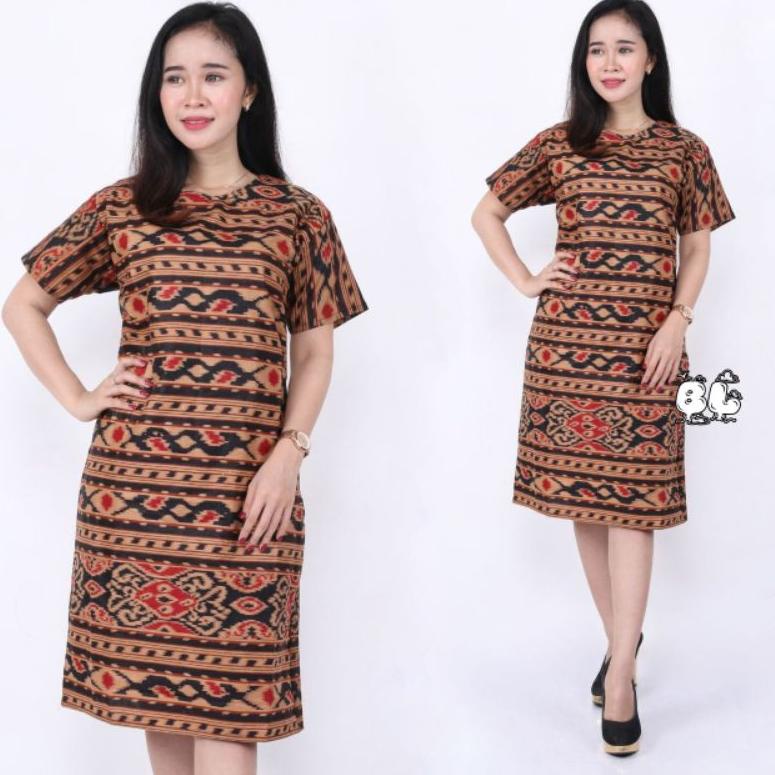{MWI.21My22q} BAJU DRESS WANITA MODERN MODELMOTIF BATIK LENGAN PENDEK SELUTUT PARTY NATAL SERAGAMAN 