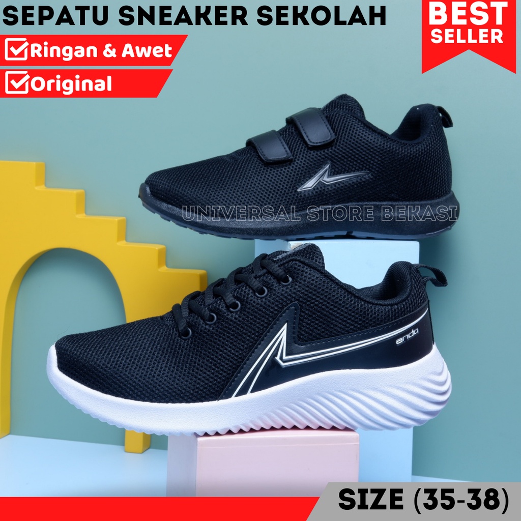 Sepatu Sekolah Anak Laki Perempuan SD SMP SMA Sneakers Ando Hitam Putih Polos Size 35-38