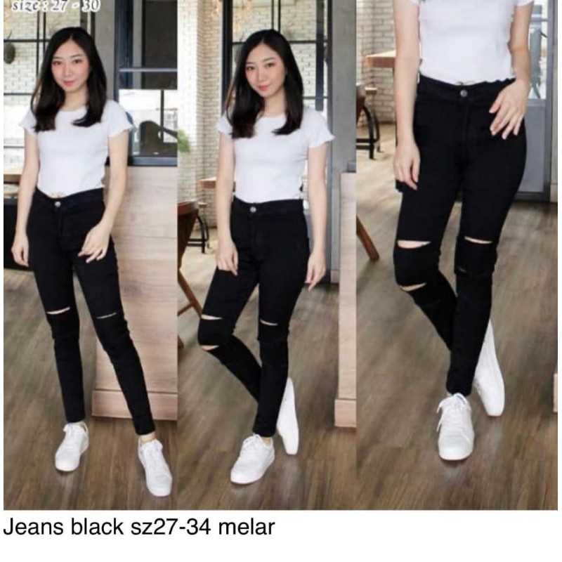 Celana Jeans Highwaist Cut Knee (Pun Ripped HW) / Celana Jeans Hitam Highwaist Sobek Silet