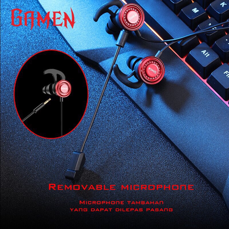 GAMEN GE200 Dual Microphone Virtual Stereo Surround Sound In-ear Gaming Headset Black Red-Garansi