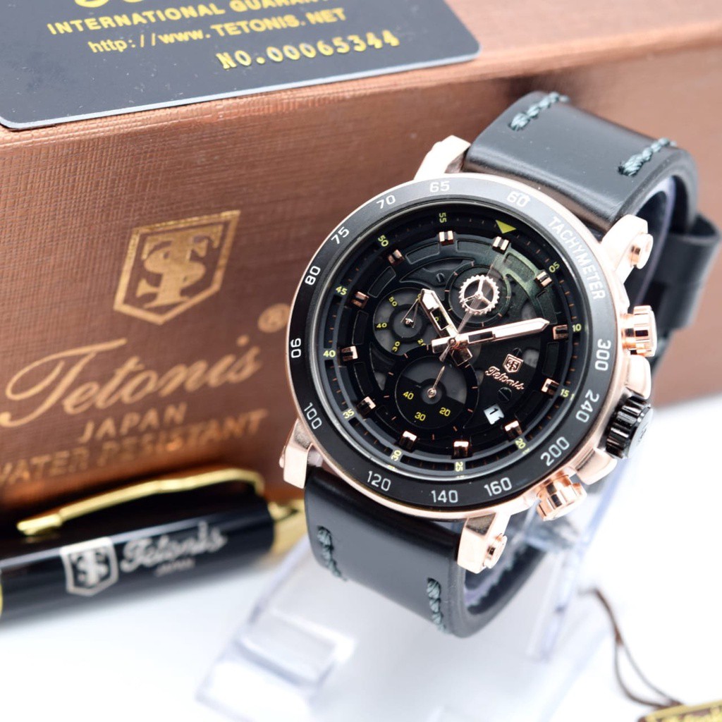 Jam Tangan Pria Tetonis Original 12653HB Tali Kulit Free Pulpen Chrono Tanggal Aktif