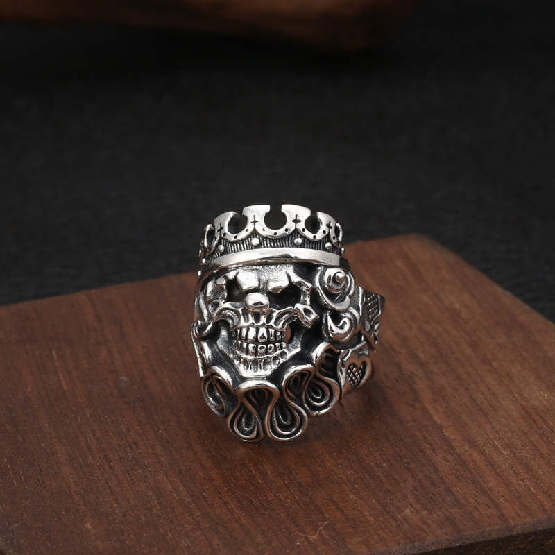 Cincin Desain Tengkorak Badut Mahkota Gaya Gothic Punk Untuk Pria