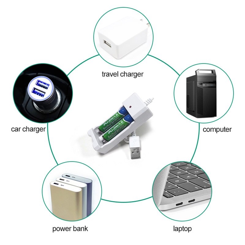 Charger Baterai AA / AAA  Port USB Bisa pakai power Bank untuk charge AAA atau AA PUJIMAX Universal 2 Slot Battery Charger LED Indicator USB Plug Charging For AA/AAA Ni-MH/Ni-Cd Rechargeable Battery Accessories