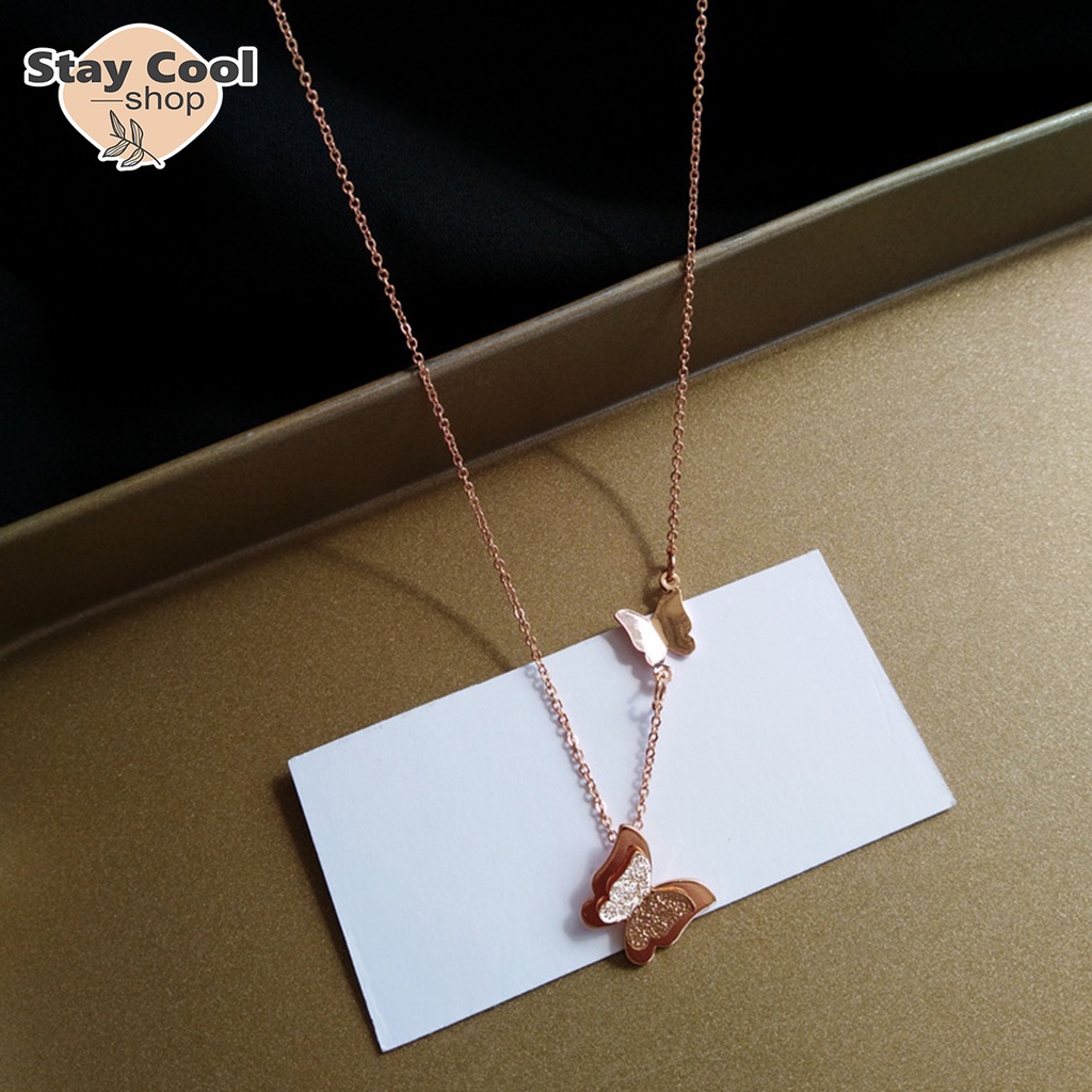 [ Bayar Ditempat ] Kalung Rantai Titanium Rose Gold Liontin Kupu Kupu Juntai / Accesories Wanita Kalung Titanium Original Anti Karat Selamanya / COD