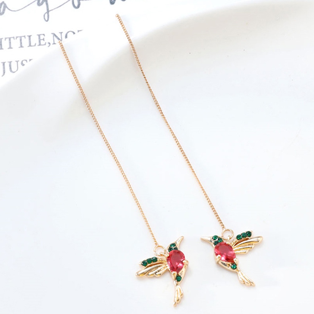 Hu Hu Hu Hu Hu Alat Bantu Pasang Kacamata♡ Anting Tusuk Gantung Panjang Desain Burung Kolibri Hias Berlian Imitasi Untuk Wanita