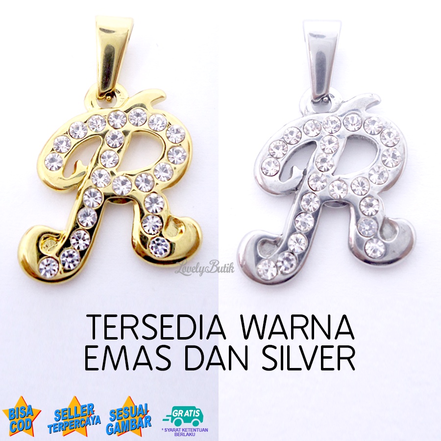 Lovelybutik Liontin Huruf Titanium Klasik R warna Gold Silver