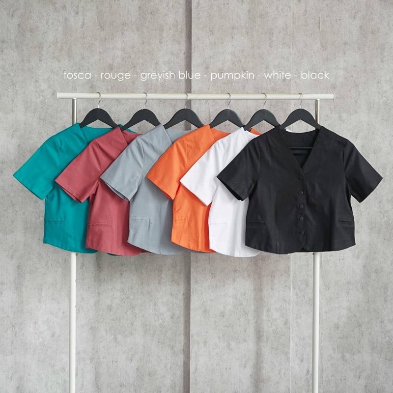 KOZZA TOP BAJU ATASAN BLOUSE WANITA LENGAN PENDEK BAHAN KATUN COTTON V NECK VNECK POLOS TOSCA ROUGE DARK PINK GREYISH BLUE ORANGE PUMPKIN WHITE BLACK-7