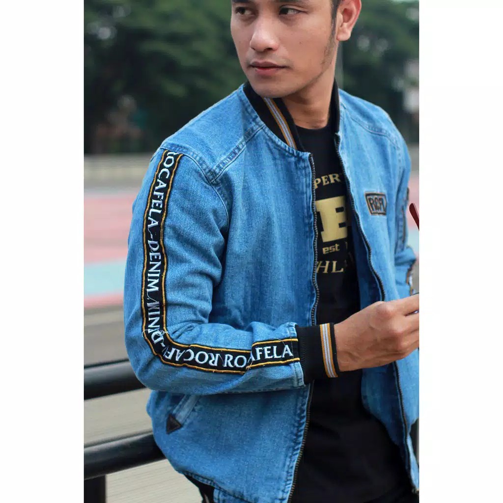 [SIAP KIRIM] JAKET JEANS PRIA BOMBER JEANS TAPING 2 ROCAFELA DENIM COWOK ORIGINAL RCFL SENWASH