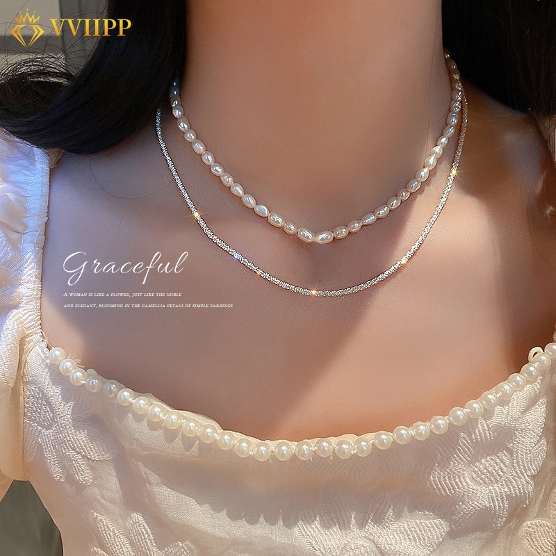 Kalung Rantai Choker Multilayer Hias Mutiara Berlian Gaya Korea Untuk Wanita