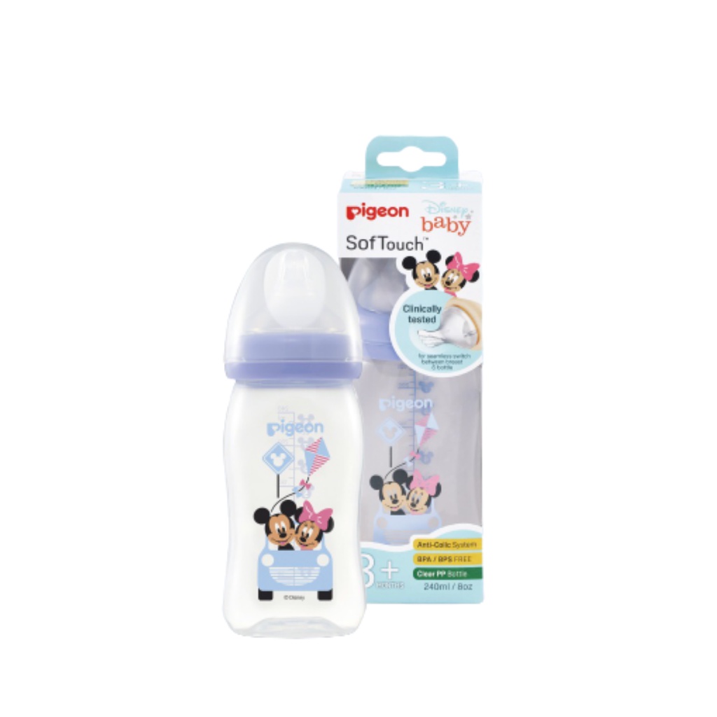 Pigeon Botol Susu SofTouch Peristaltic Plus PP Clear Wide Neck Mickey Bottle 3+ Bulan Ungu 240ml