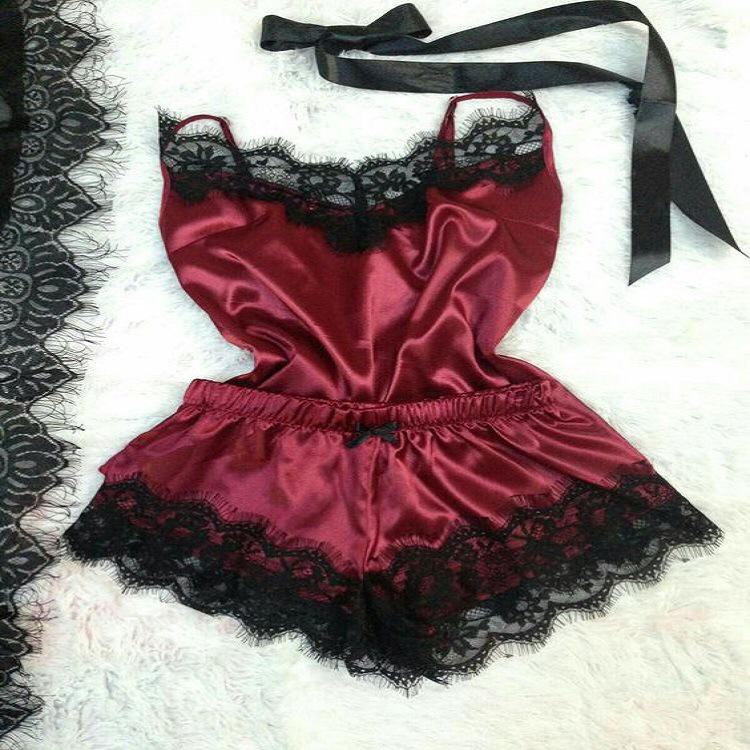 ✅𝐅𝐎𝐈𝐒𝐒® Lingerie Set Sexy  Baju Tidur Wanita Import Sleepwear Bahan Silk Set Wanita 1162-MAROON
