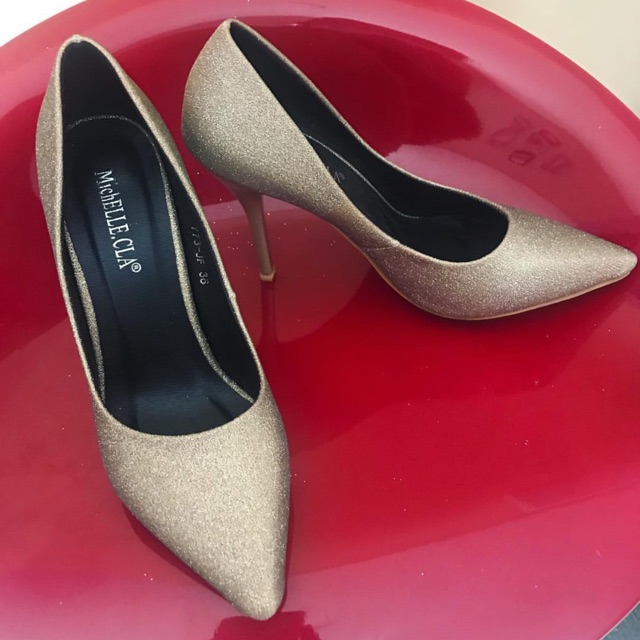 Michelle.cla sepatu hells wanita warna coklat gliter