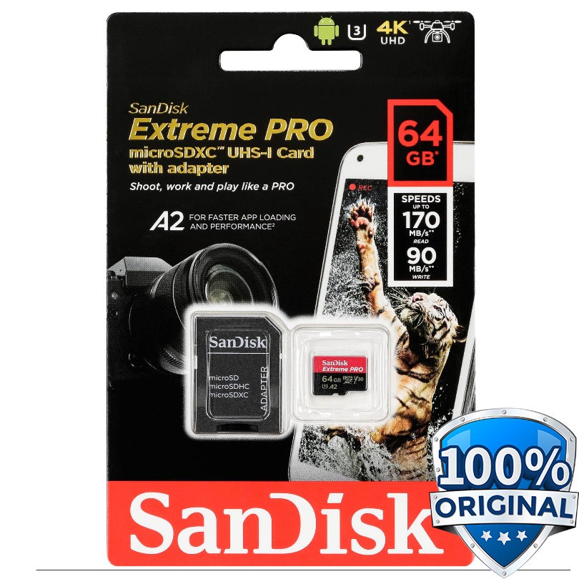 Sandisk MicroSDXC Extreme Pro A2 V30 UHS-1 (170MB/s) 64GB with SD Card Adapter - SDSQXCY-064G - Black