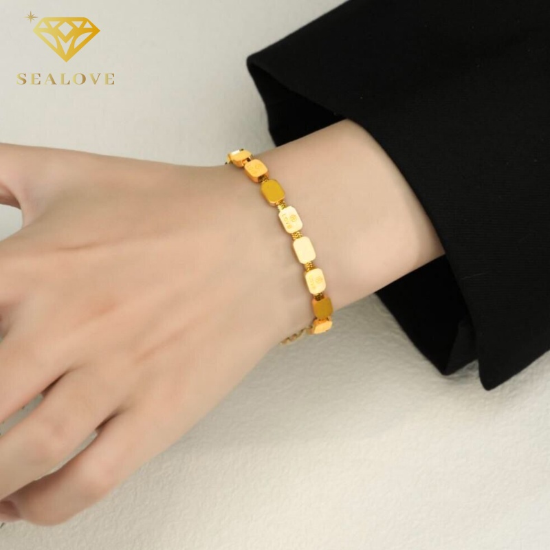 Gelang Titanium Premium Susun Kubus Beruntung Emas 18k Anti karat Wanita Korea Perhiasan