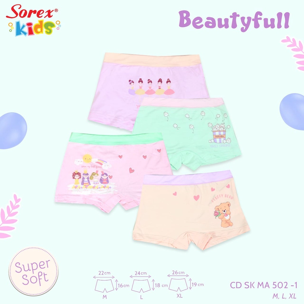 3 Celana Dalam Anak Perempuan SOREX KIDS - MA 500 - Model Boxer - CD Anak - Girl Underwear