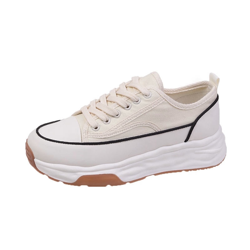 Sepatu Kets Sneakers Putih Wanita Perempuan Cewek Sekolah Korea Kasual Sepatu Olahraga Kanvas Checkerboard Sol Karet Tali Import Murah Casual Fashion White Beige Sport Shoes - Ukuran 35 36 37 38 39 40-Beige