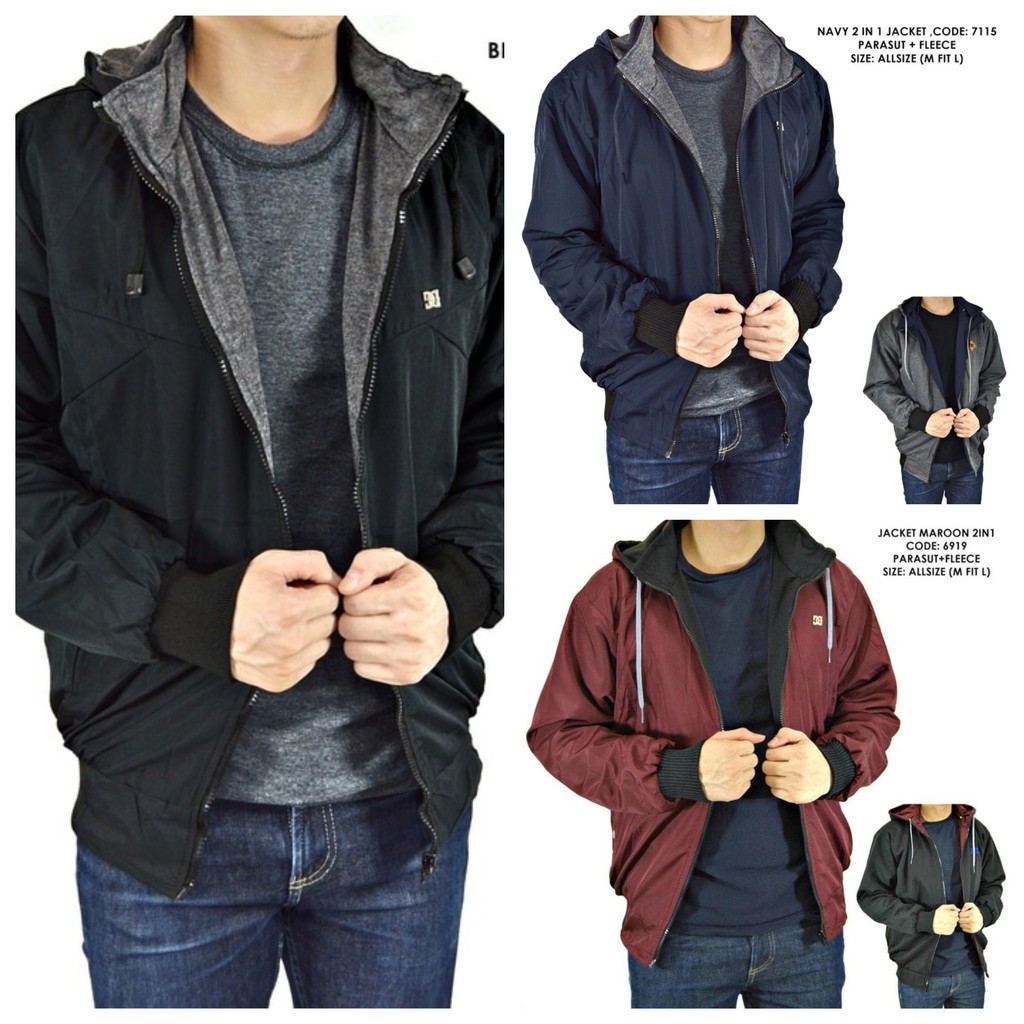 ANAK REMAJA DEWASA PRIA XONE/  ONDENG88 JAKET BOLAK BALIK PRIA POLOS PARASUT FLEECE NAVY HITAM