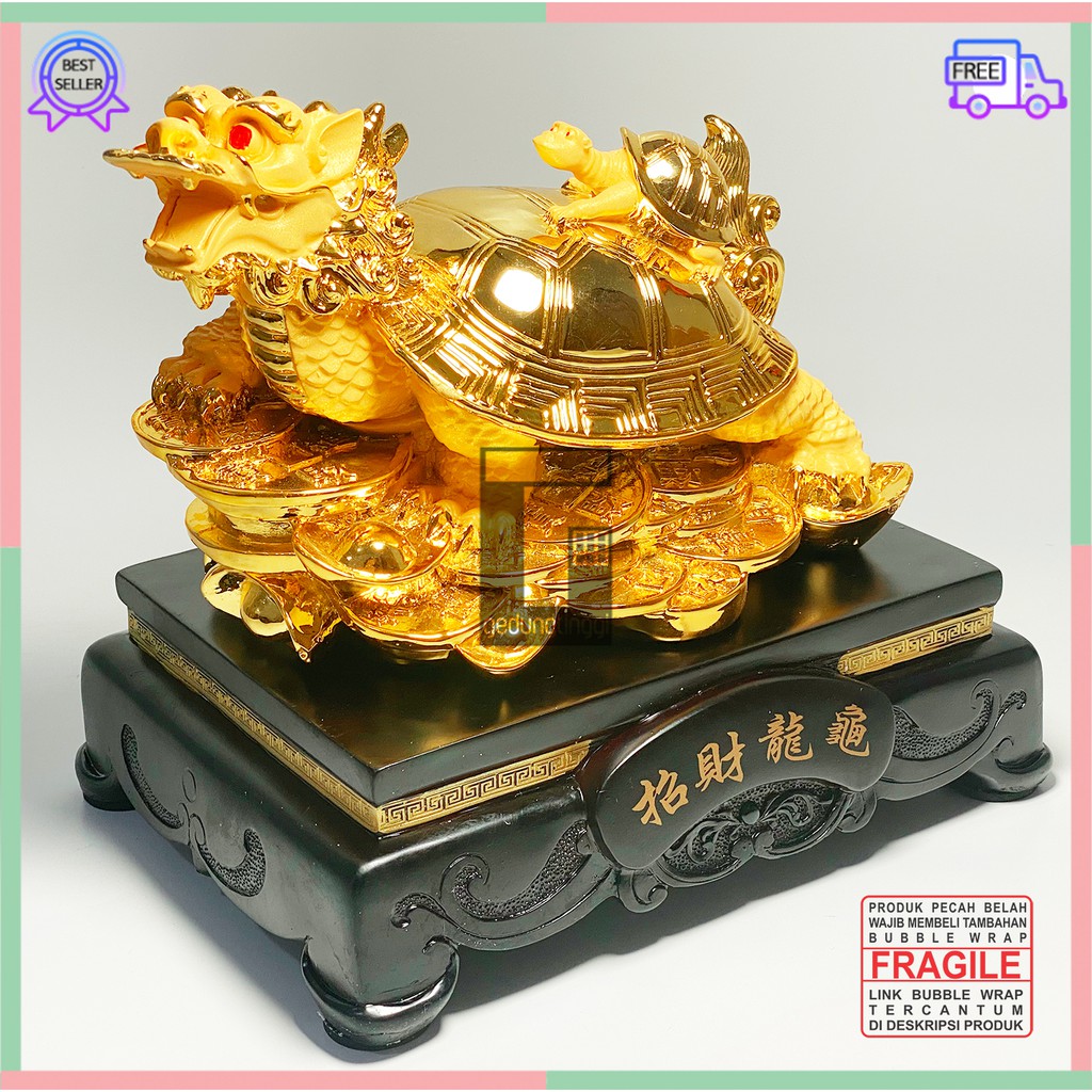 Hiasan Dekorasi Kado Hadiah Patung Pajangan Hewan Kura Kura Kura-Kura KuraKura Penyu Turtle Kepala Kaki Tiga Shio Naga Lungkui Gigit Coin Koin Amulet Hoki Rejeki Keberuntungan Lucky Gold Emas Kuningan Fengshui Tahun Baru Imlek Sincia Besar Jumbo Gift Box