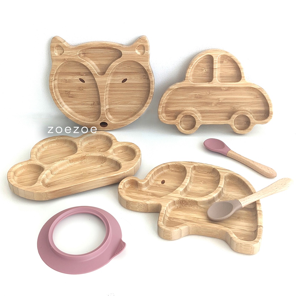 ZOEZOE Bamboo Suction Plate Spoon Set Piring Sendok Makan Anak Bayi Bambu Silikon bukan Eco Rascals