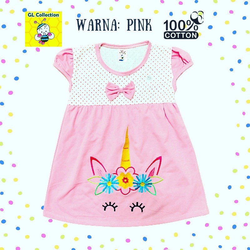 OBRAL! DRESS ANAK POLKADOT BORDIR UNICORN ALL SIZE 3-5 TAHUN 100%KATUN