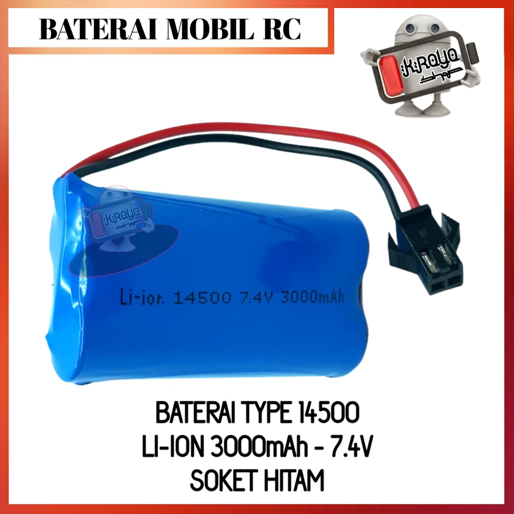 Baterai 14500 Li-ION 7.4V-3000mAh Soket Hitam 2 Pin Untuk speaker Bluetooth Dan Mobil RC