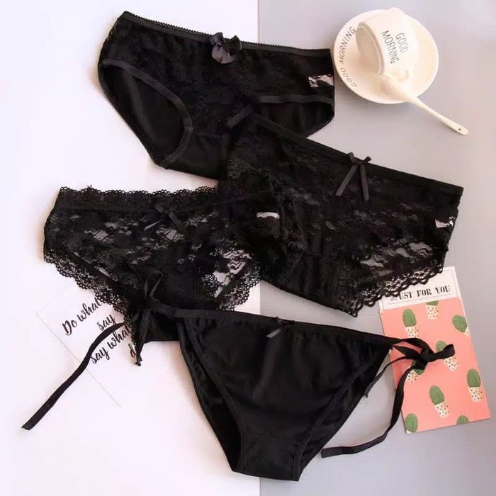 TBI Set 4pcs Celana Dalam Import Brukat Lace Black Sexy Lingerie Underwear