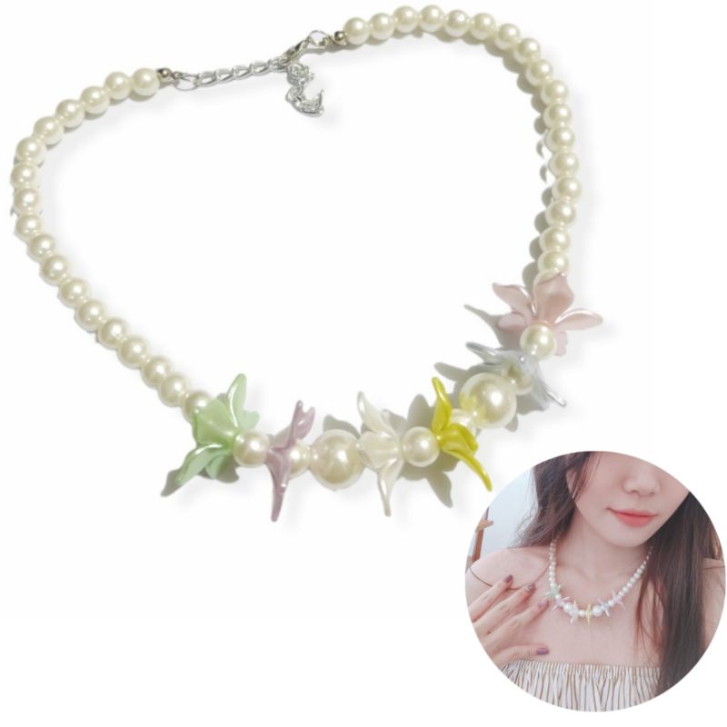 Deandra Flower Pearl Necklace Kalung Mutiara Korea Aksen Kelopak Bunga Warna Warni Korean Pearl Choker Necklace