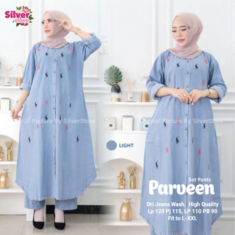 Neww Parveen One Set Setelan Celana Kulot Tunik Jeans Bordir Polo Ld 120 Jumbo Fit XXXL By Silver