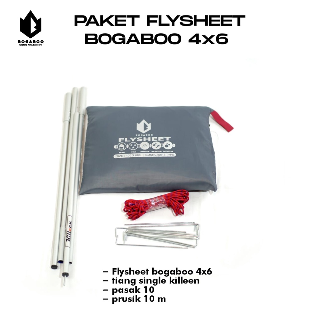 Bisa (COD) PAKET Tiang Double Killeen + Flysheet 4X6 merk bogaboo + Tali Perusik 10 M + Pasak 10Pcs
