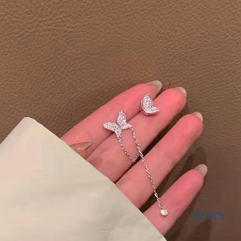 Anting Tusuk Asimetris Bentuk Kupu-Kupu Bahan Sterling Silver 925 Untuk Wanita Butterfly