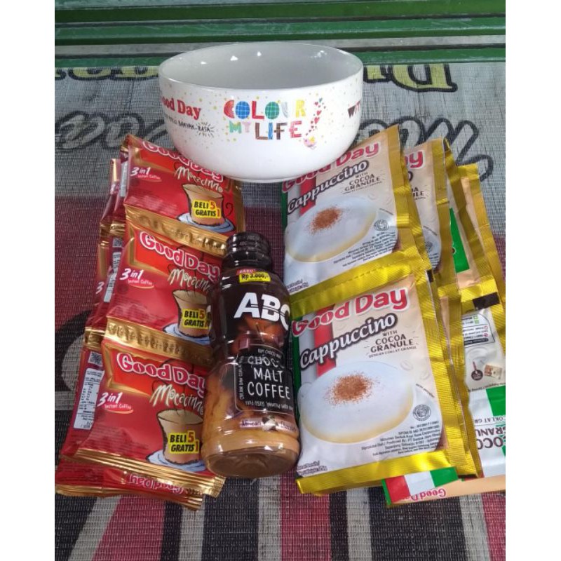 2renteng kopi good day+kopi ABC botol+mangkok good day