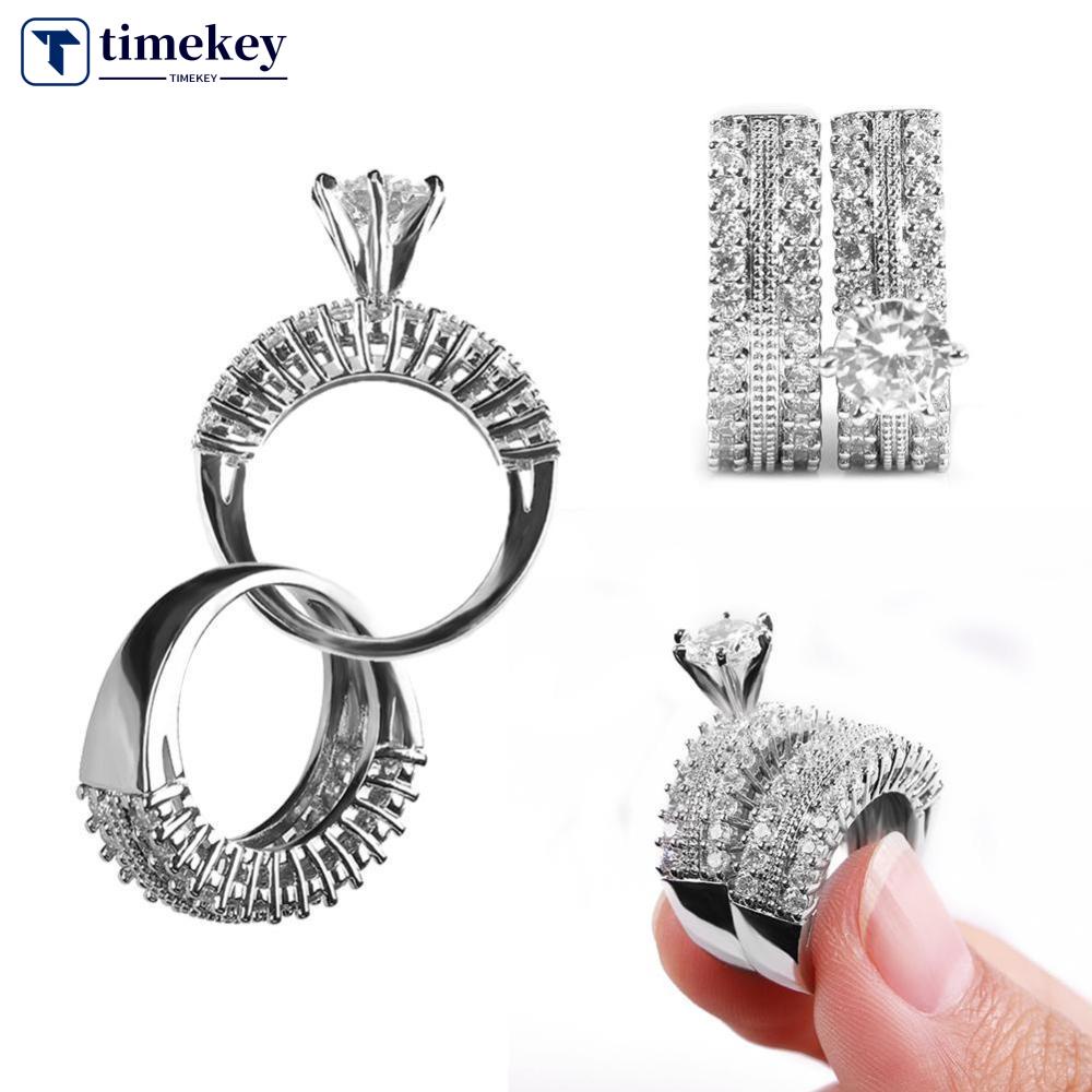 Timekey Set Cincin Silver Hias Sapphire Putih Ukuran 5-10 Untuk Wanita A5K9