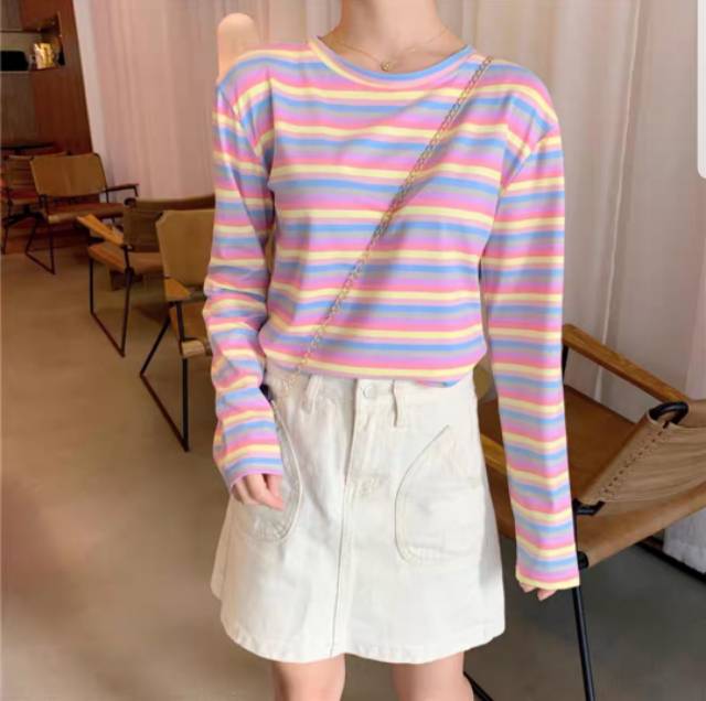 Atasan Wanita Pelangi rainbow Cetak Bergaris Lengan Panjang T-shirt Casual (real pict digeser ya)-1