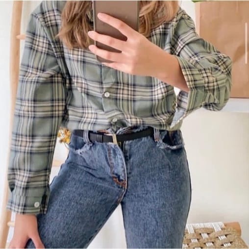 ZFS OOTD Wanita Kemeja JIEYUZ / MERYYL FLANEL SHIRT / Kemeja Kotak Haem / Kemeja Wanita Kotak-Kotak 