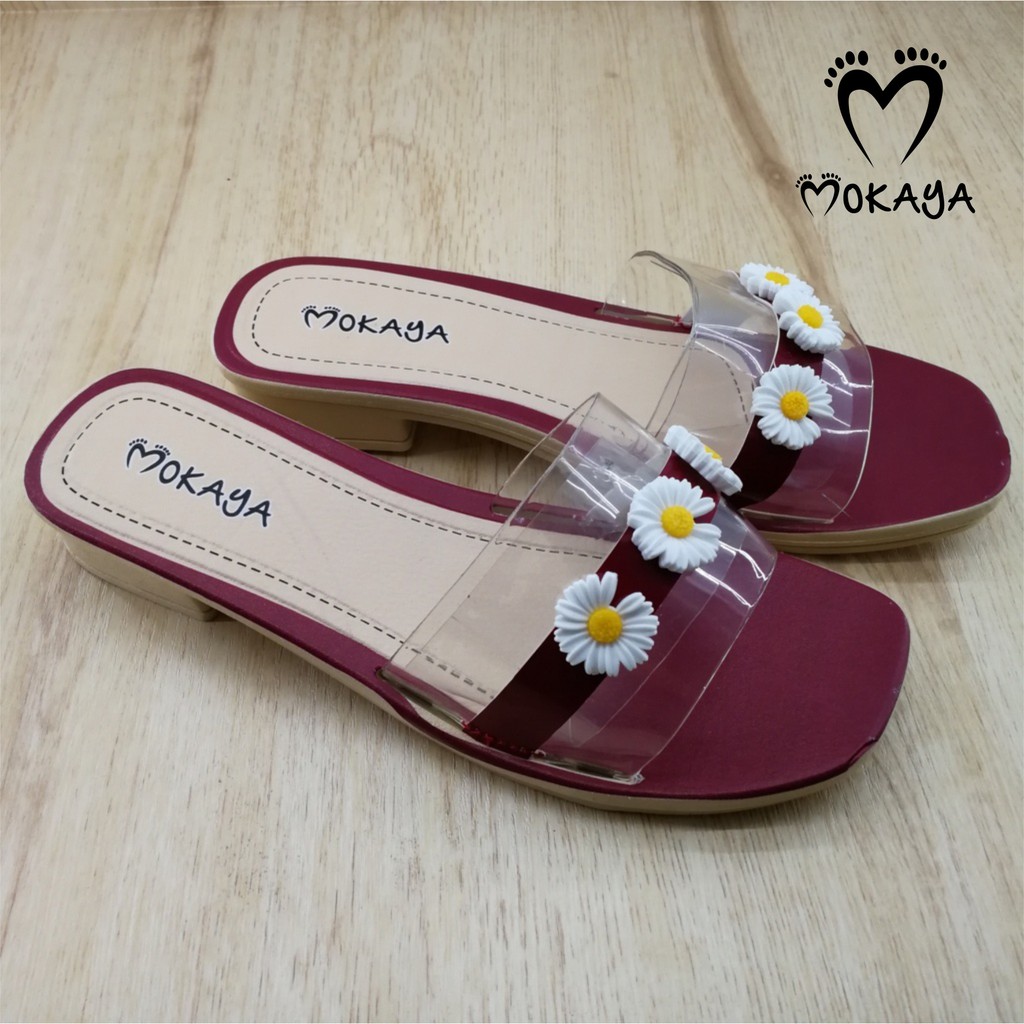 Sandal Slop Wanita hak 2cm Mika Bening 3 Bunga kecil Cantik Import Mokaya / size 36-40 (LLJ-168-2)-Merah