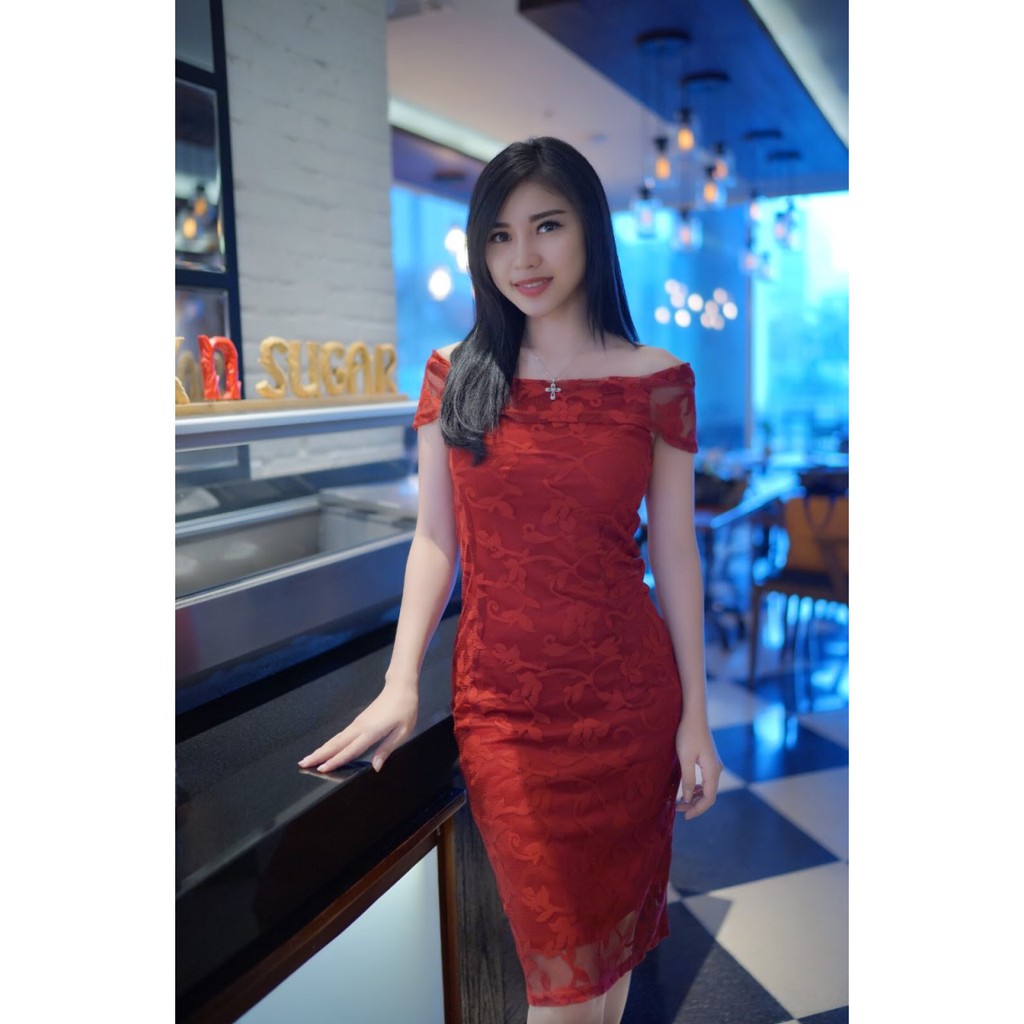 Sexy Red Lace Party Dress Gaun Brukat Wanita Merah Maroon Sexy Dress Baju Imlek CNY