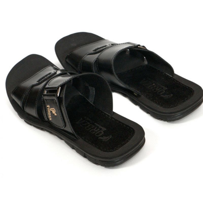 Sendal Pria Kulit Sapi Asli Bandung Cibaduyut Kuat Sandal Casual Flip Flop Triple Strap 022 Hitam