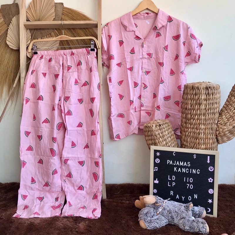 SETELAN LENGAN PENDEK PIYAMA BAJU TIDUR WANITA CEWEK BUSUI ONE SET RAYON MOTIF-KCPJ Watermelon Pink