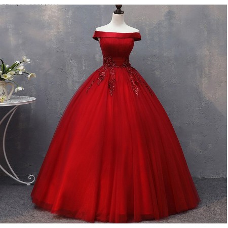 Gaun Wedding Pengantin Burgundy Bola Merah Merah Marun