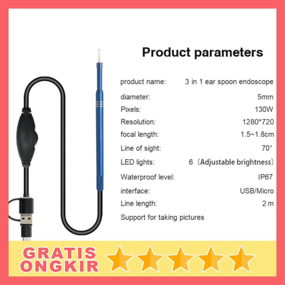 GS8 Korek Kuping 3 in 1 Kamera Endoscope HD Visual USB Earpick with 6 LED JC 7MM 5MM Black