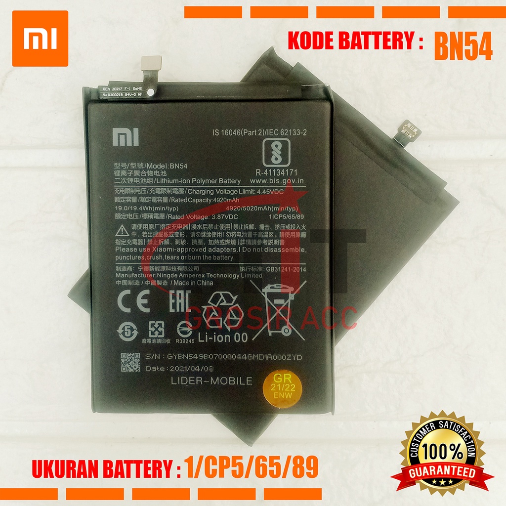 Baterai Battery BN54 Xiaomi Redmi 9 , Redmi Note 9 , Note 9 Pro , Redmi Note 10 Pro