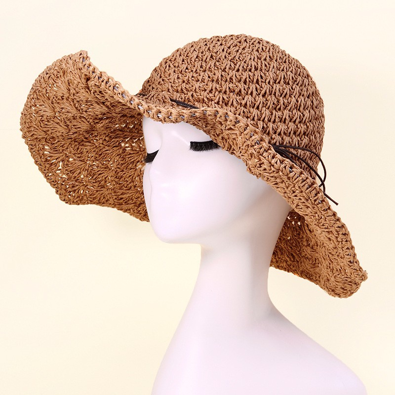 TPCO topi pantai cokelat rajut straw sunscreen hat lace korea jepang import anti matahari