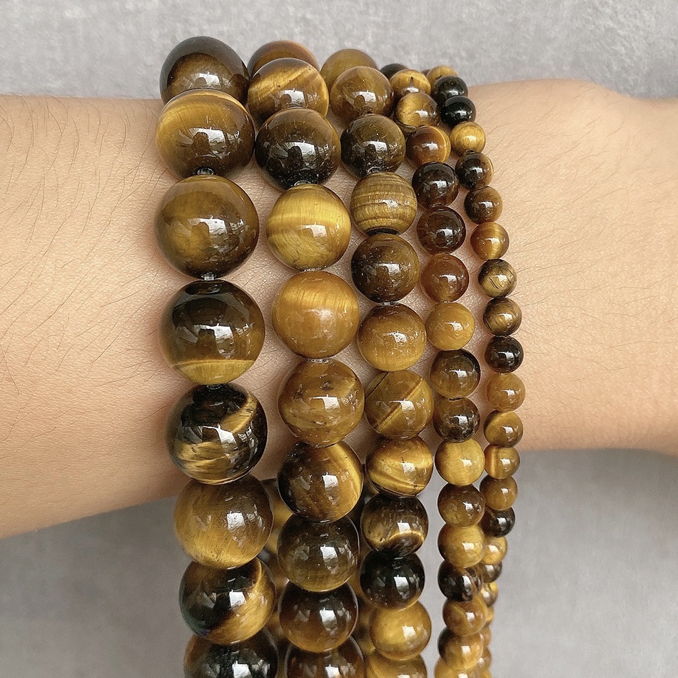 Manik-manik Batu Tiger Eye Kuning Alami Bentuk Bulat Ukuran 4 / 6 / 8 / 10 / 12mm Untuk Membuat Perhiasan Kalung Gelang