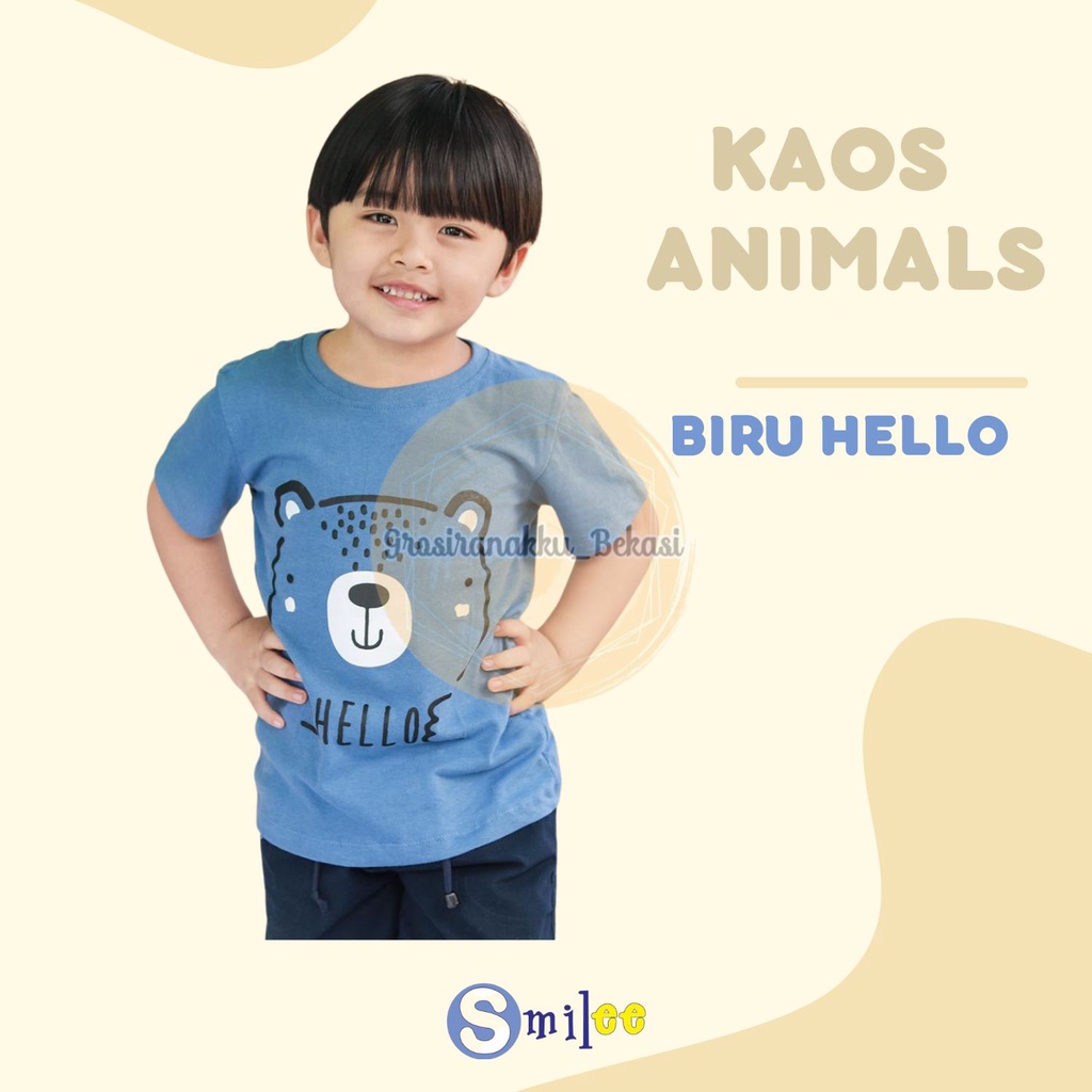 Kaos Anak Cowok Smilee Murah Animal Biru Hello Size 1-5Thn