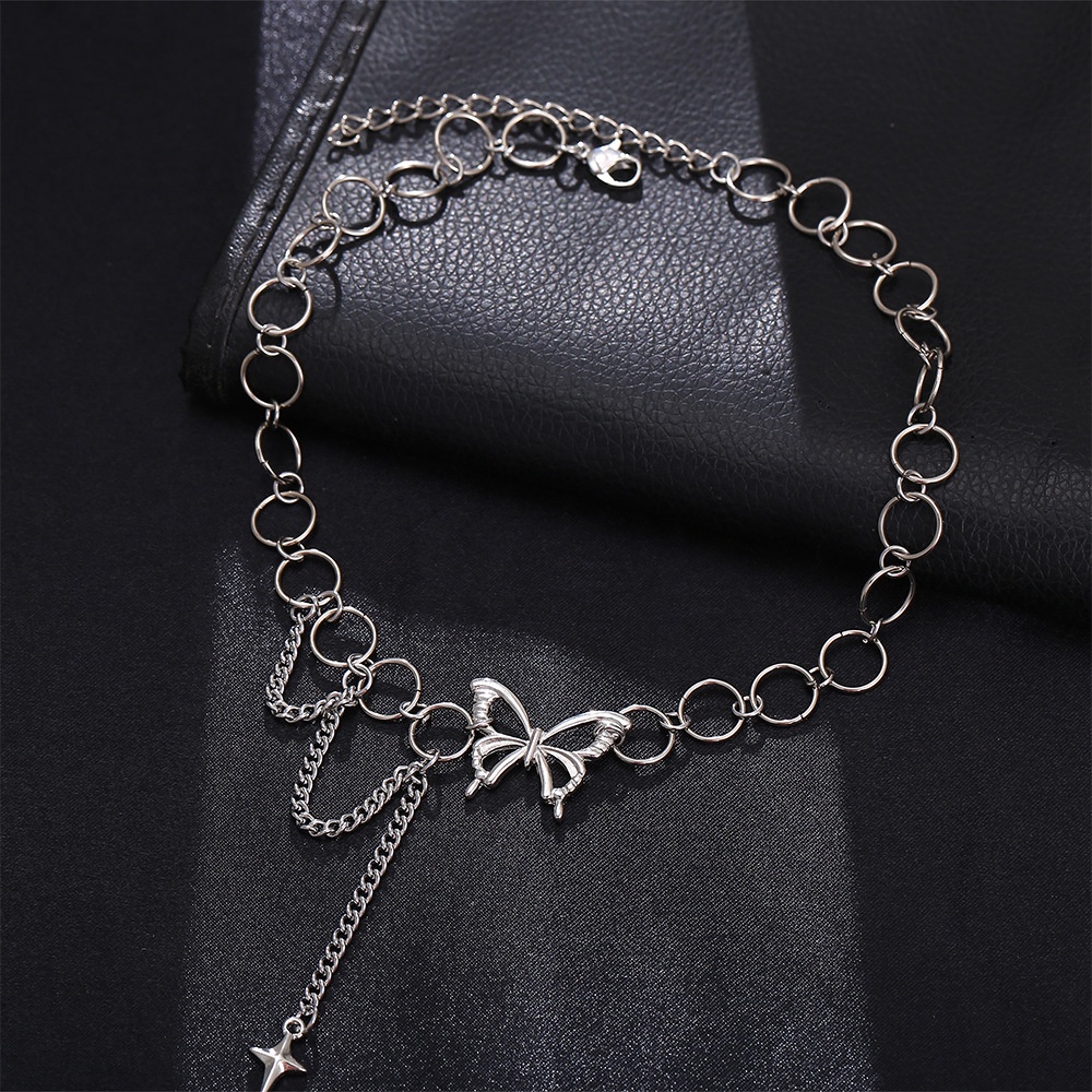 Kalung Choker Rantai Pendek Desain Bulan Bintang Butterfly Warna Silver Untuk Wanita