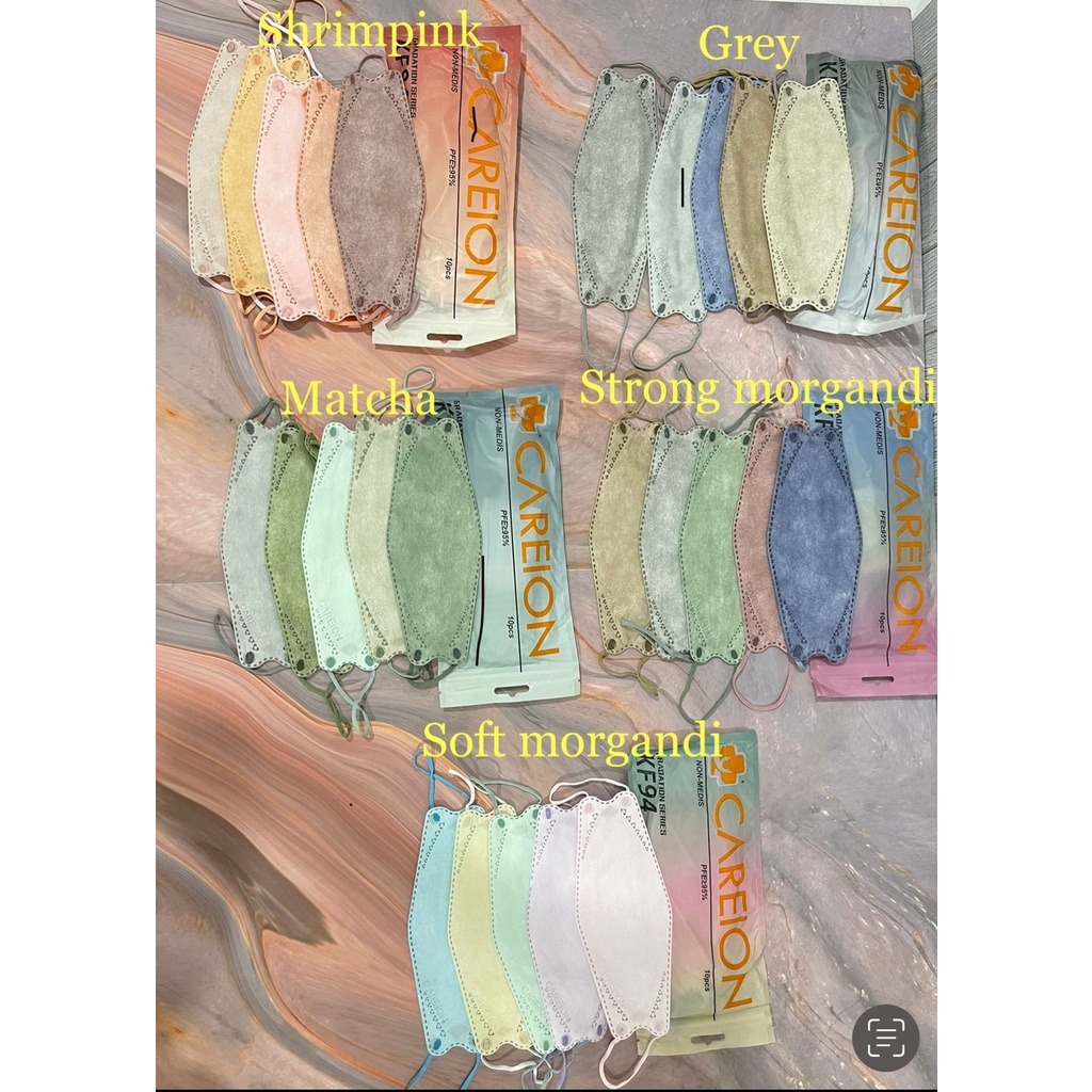 READY MASKER KF94 KF CAREION GRADASI CARE ION GRADASI GRADATION SERIES GRADASI MARANDI GRADASI SHRIMP PINK GRADAS ABU GRADASI MATCHA MORANDI SOFT MORANDI STRONG EMBOS 5 PLY EARLOOP SUDAH MIX 5 WARNA DALAM 1 PAK