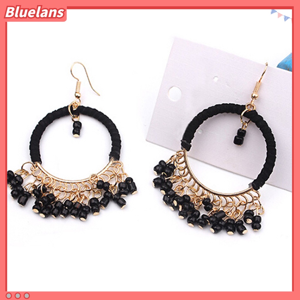 1 Pasang Anting Kait Gantung Desain Manik-Manik Rumbai Bahan Alloy Gaya Boho Untuk Wanita