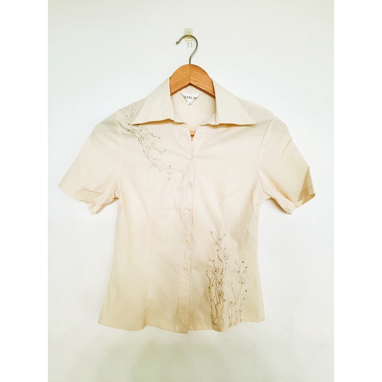 Atasan Kemeja Lengan Pendek Kuning Motif Bordir Bunga Wanita