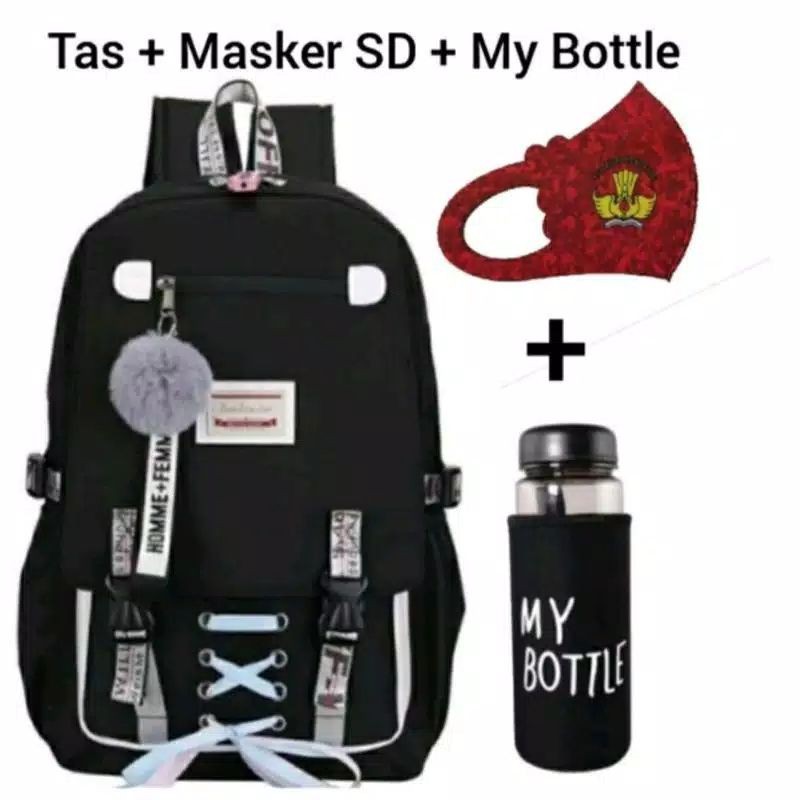 Tas Sekolah SD Wanita Backpack Perempuan Plus Pompom Masker dan My Bottle-Hitam
