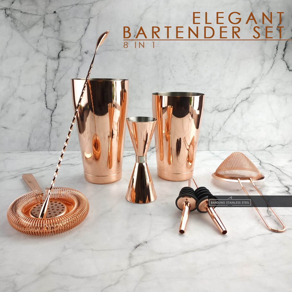 Elegant Bartender Set SUS304 Mewah Gold Rosegold 8 in 1 Shaker Jigger Saringan Pourer Wine Filter